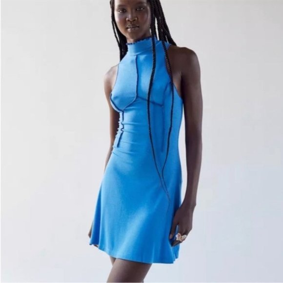 Urban Outfitters | UO Deja Seamed Mini Dress Sleeveless Ribbed Blue New Medium - Picture 6 of 15